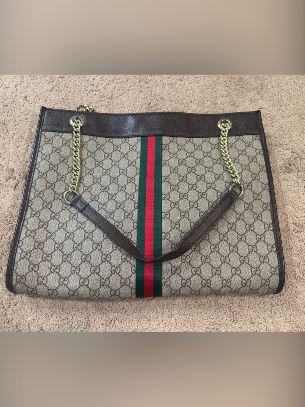 Canvas Tote with Green-Red Stripe and Gold Chain - Picture 2 of 7